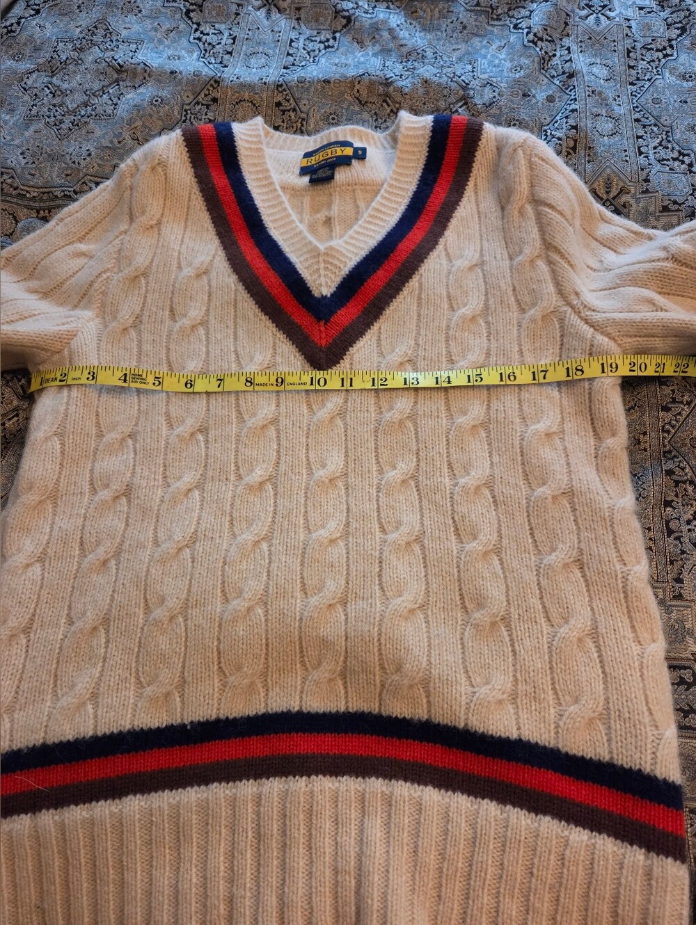 Vintage Ralph Lauren Cream Cable-Knit V-Neck Sweater with Navy & Red Trim - Picture 6 of 7